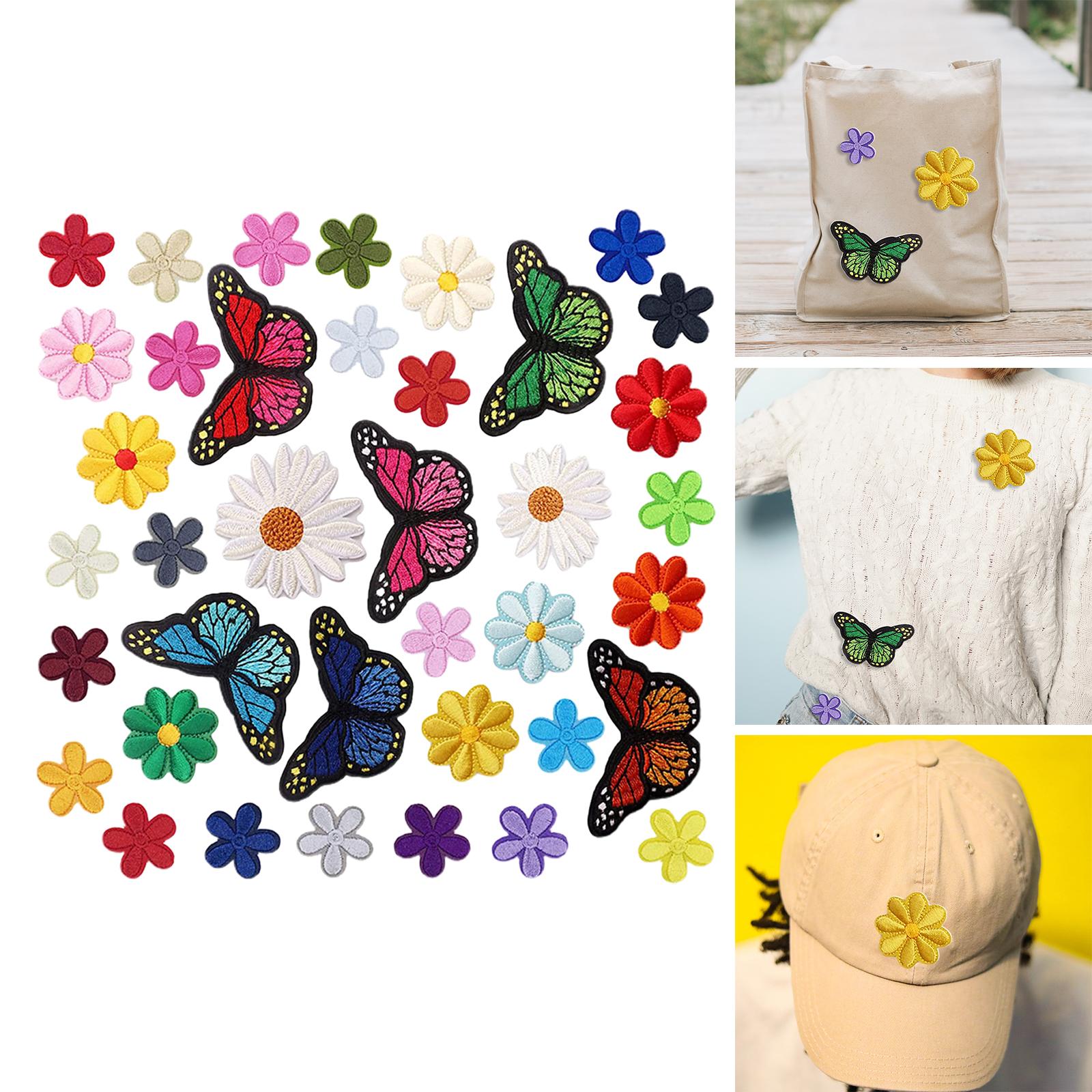 38x Butterfly & Flower Iron Patches Applique Decor Sewing Embroidered Stickers for T Shirts Handbook Bags Arts Crafts Coats