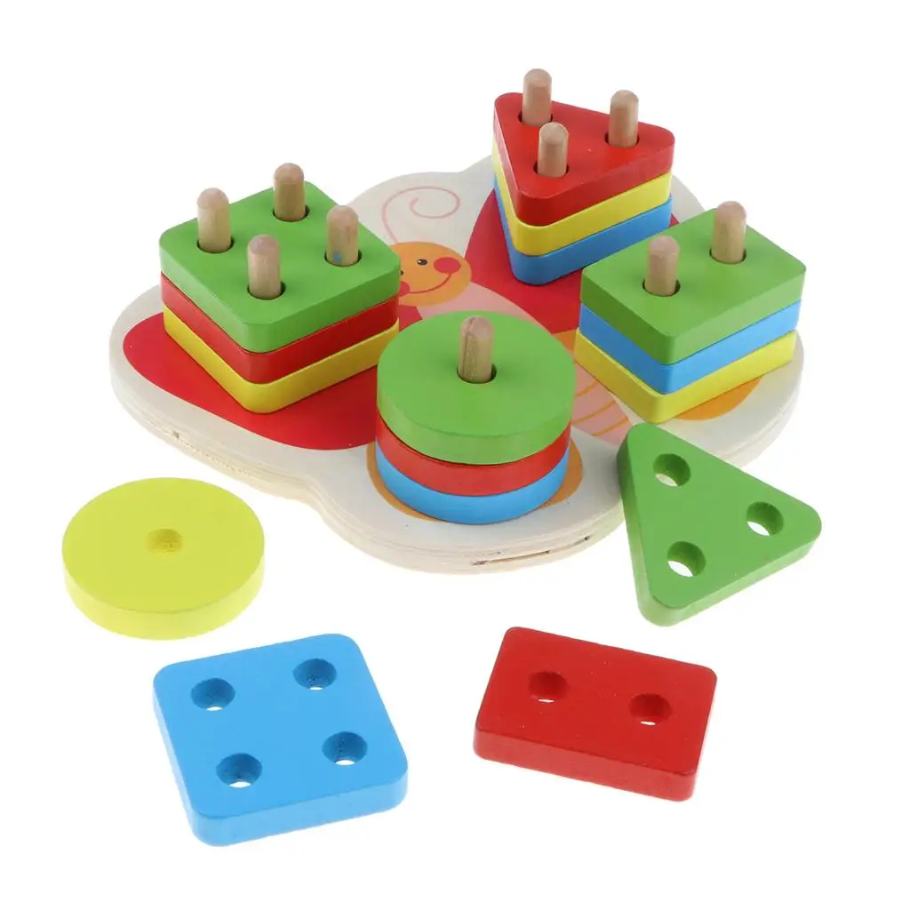 Wooden Geometric Blocks Puzzle Stacking Building Game Early Cognition s Learning