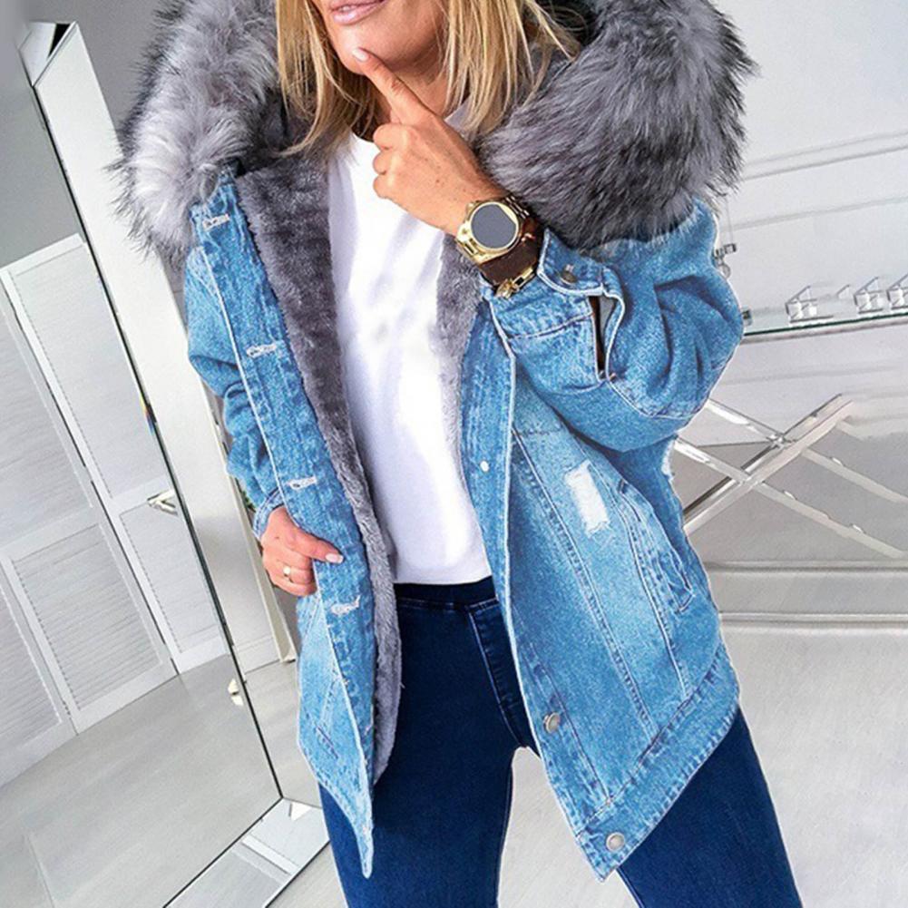 nova moda inverno feminino manga longa engrossar pele do falso capa de pelúcia quente grande tamanho jaqueta rasgado botões denim casaco outwear