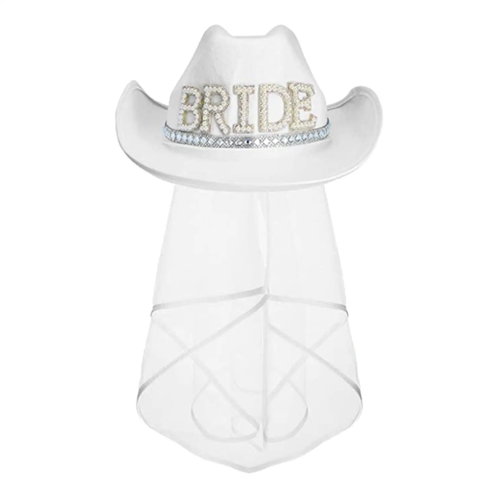 White Pearl Bride Veil Cowboy Hat Fancy for Engagement Party Bridal Shower