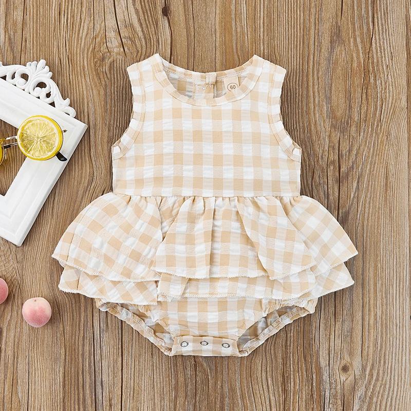 Lovely Newborn Baby Girls Summer Rompers Plaid Print Sleeveless Layered Rompers Jumpsuits Tutu Skirts Toddler Casual Clothes coloured baby bodysuits