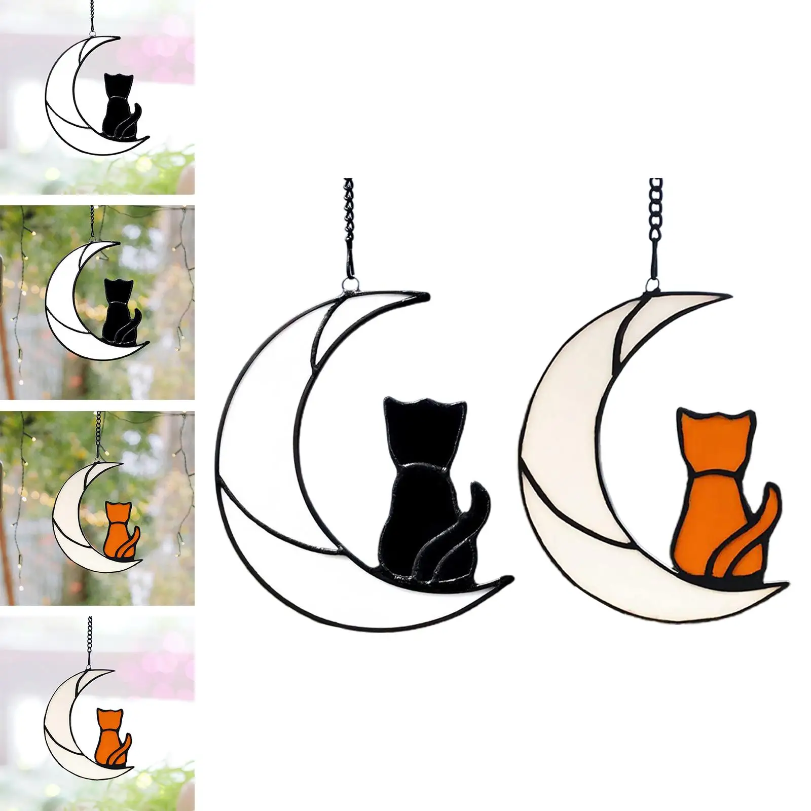 Stained Glass Window Hangings Cat on The Moon Window Hanging Ornament Decor