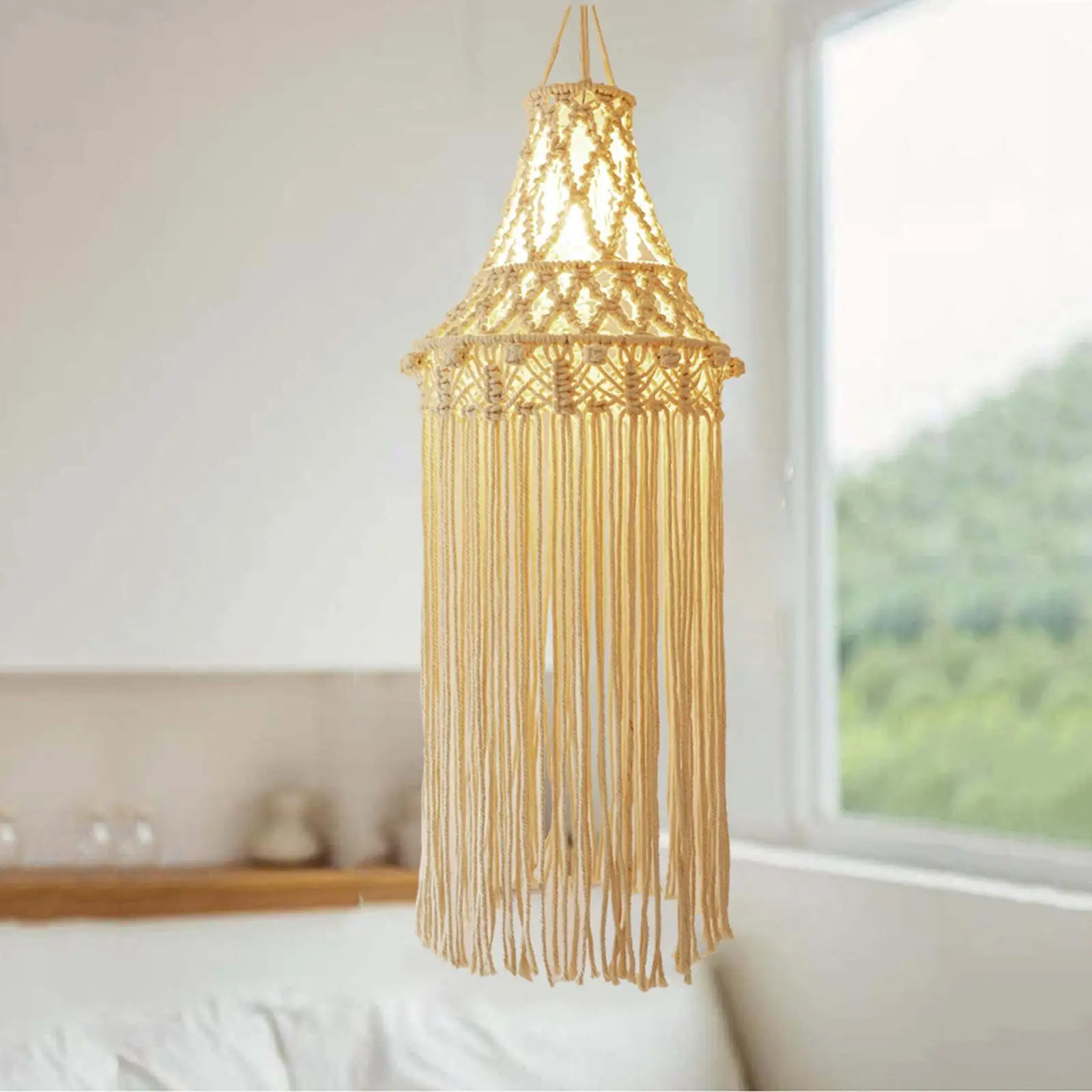 Vintage Style Lampshade Woven Boho Pendant Chandeliers Hanging Cotton Macrame Lamp Shade Decor for Office Hotel Bedroom