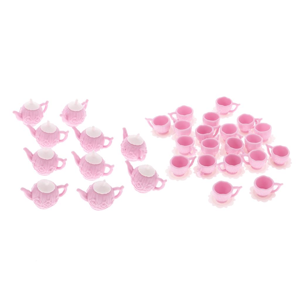 10 sets dollhouse miniature plastic pink tea pot with 2 cups dishes