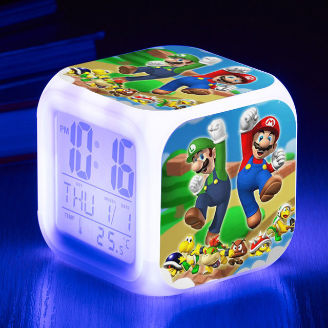 Super Mario Bros Cartoon Alarm Clock LED Colorful Color Clock Luigi Yoshi  Anime Figures sveglia giocattoli bambini regali di compleanno - AliExpress