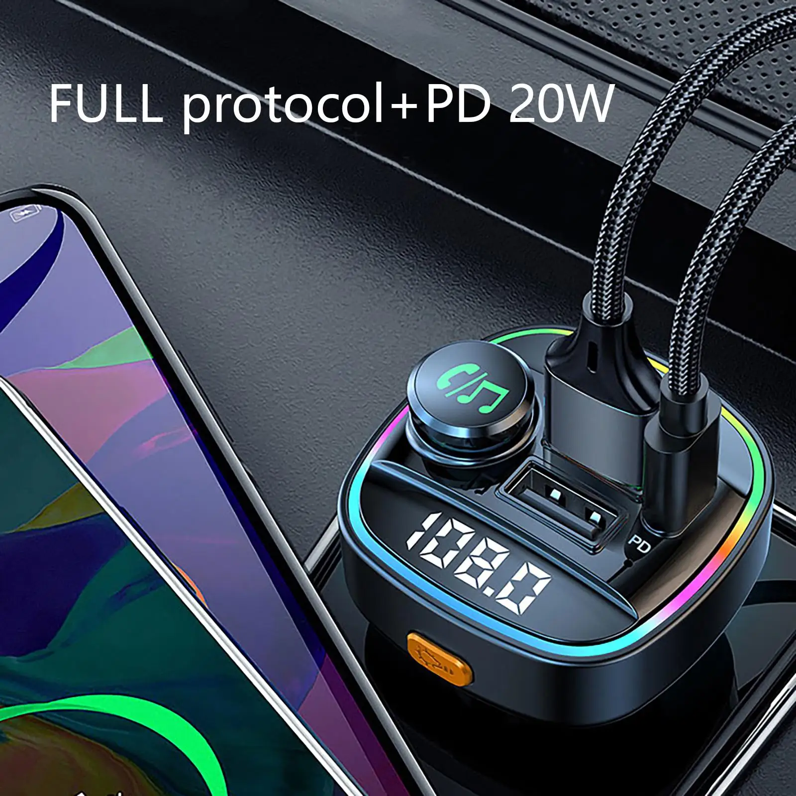 Car Charger Bluetooth 5.0 Type-C PD 20W Handsfree Wireless 7 Colors LED QC3.0 12-24 V Fast USB Charger for Nokia Mobile Phones