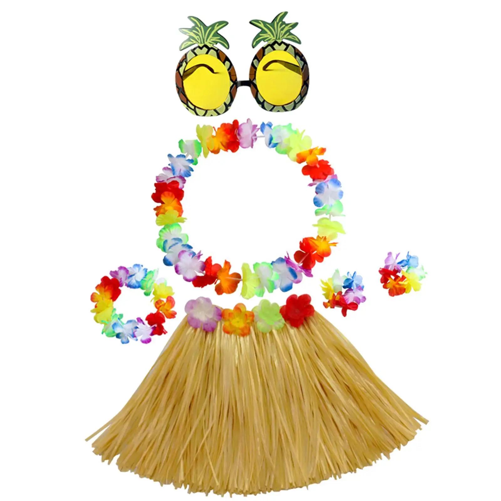Hawaiian Grass Skirt with with Flower Wreath 30cm Short Skirt Pineapple Glasses for Summer Beach Birthday Decorations Supplies