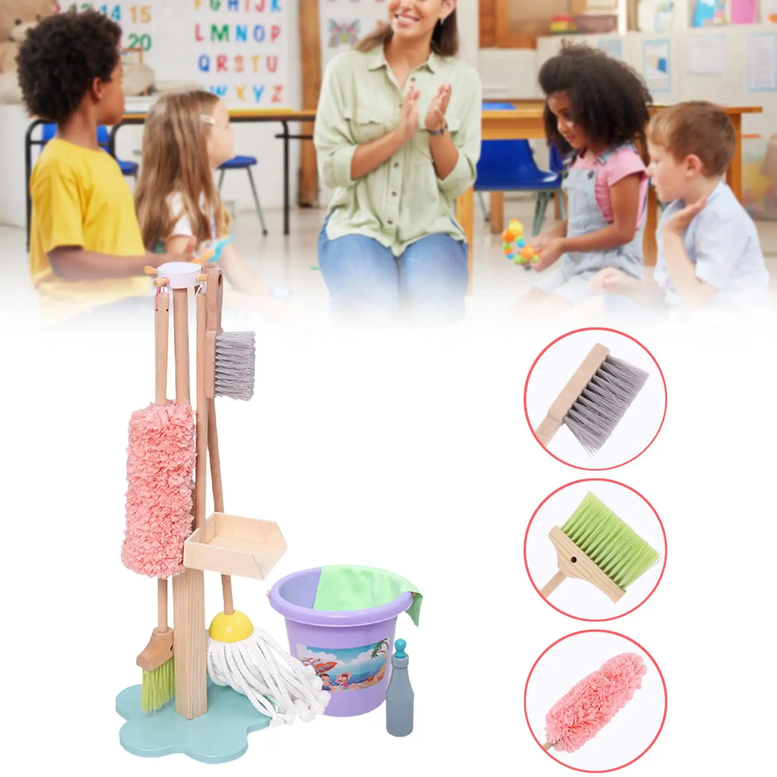 9Pcs Children Cleaning Tools Housekeeping Supplies Organizing Stand Mop Role