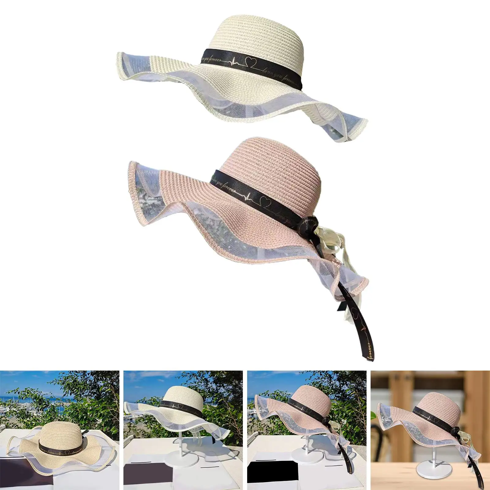 Women Straw Hats Breathable Sun Hat Beach Hats Ribbon Bow Foldable Sunhat