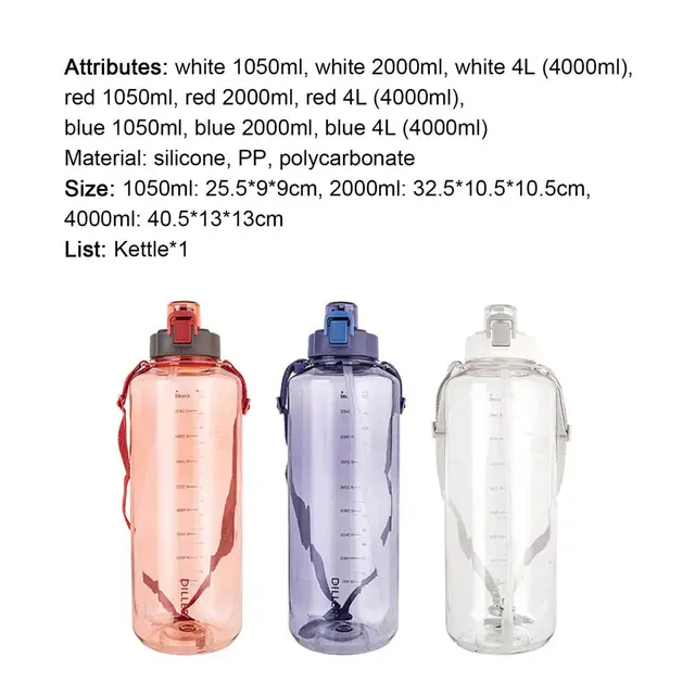 Flm 1050ML/2000ML Water Bottle Leak-proof One-piece Design with Handle  Straw Motivational Water Bottle with Measuring Scale for Fitness