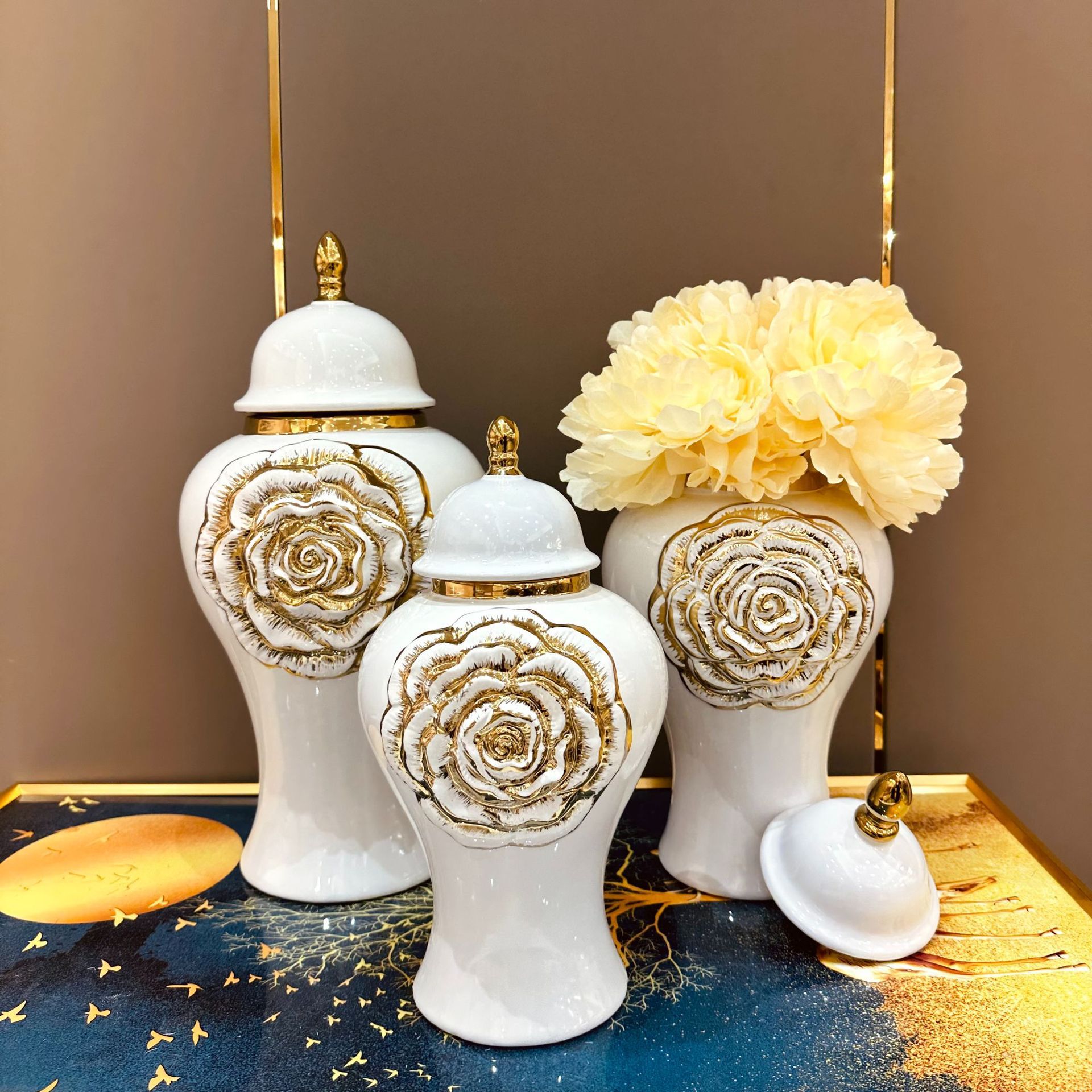 Gold Rose Relief General Can Ginger Jar Porcelain Storage Tank Flower Vase Desktop Storage Organization Home Decoration