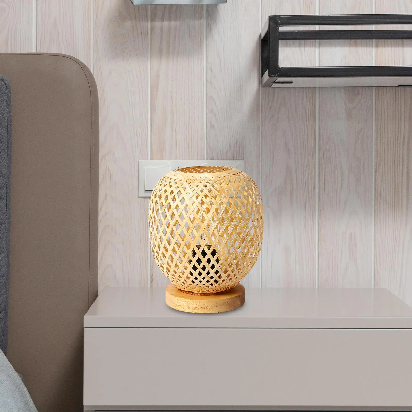 Rattan Table Lamps Night Light Accs Ornament Table Lamp with Wooden Base Simple for Bedroom Home Photography Living US Plug