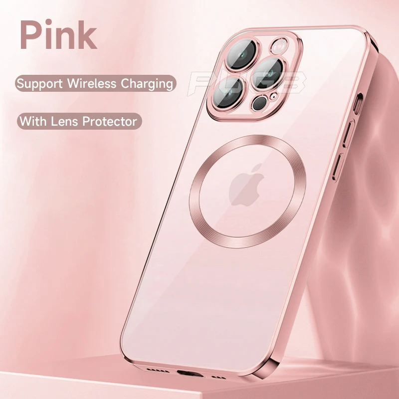 For Magsafe Magnetic Wireless Charging Case For iPhone 13 12 11 Pro Max Luxury Transparent Plating Silicone Lens Protector Cover iphone 13 pink case