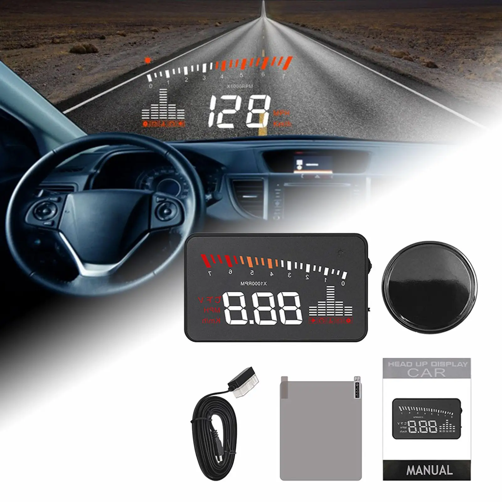 Car Heads up Display Windshield Projector LED Fatigue Driving Reminder 3.5inch Screen HUD Gauge Display