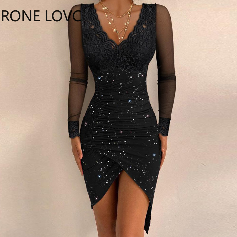 contraste remendo de renda mini shirring bodycon festa vestido preto