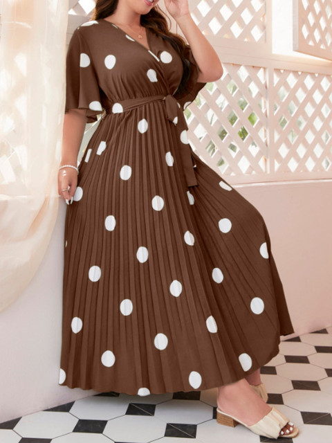 Plus Size Dress for Women 2023 Summer V Neck Short Sleeve Polka Dot Print  Casual Dress Belted Maxi Long Pleated Party Dresses - AliExpress