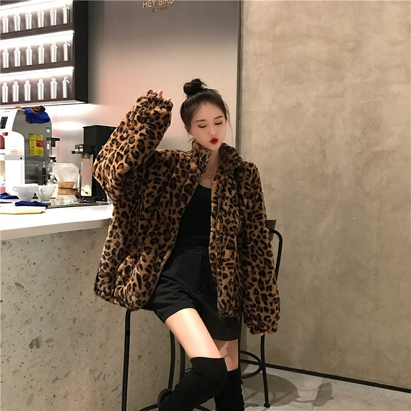 feminino vintage leopardo gola com zíper outwear jaqueta de inverno senhora solto de grandes dimensões fuzzy casacos feminino casual streetwear