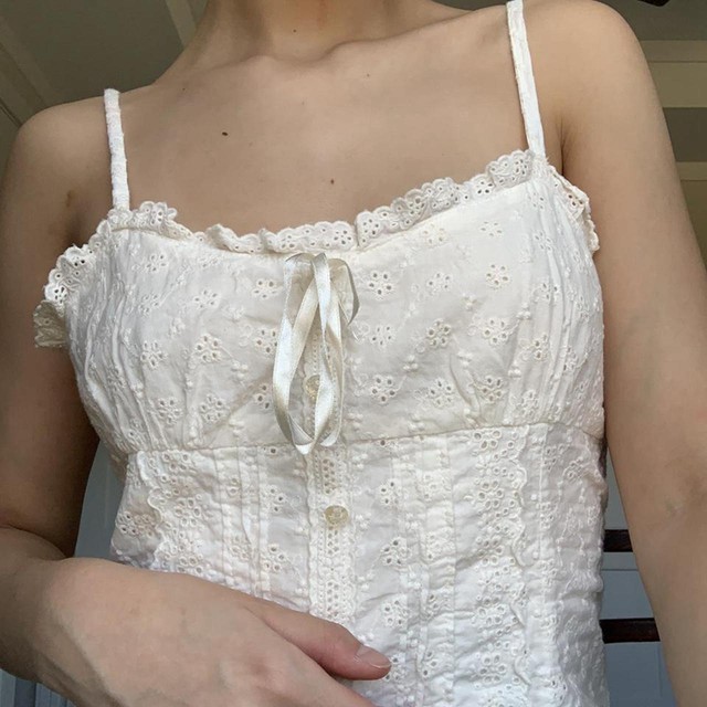 トップス fairy grunge White frill camisole Women Lace Frill Cami Crop Top Fairy Grunge Spaghetti Strap