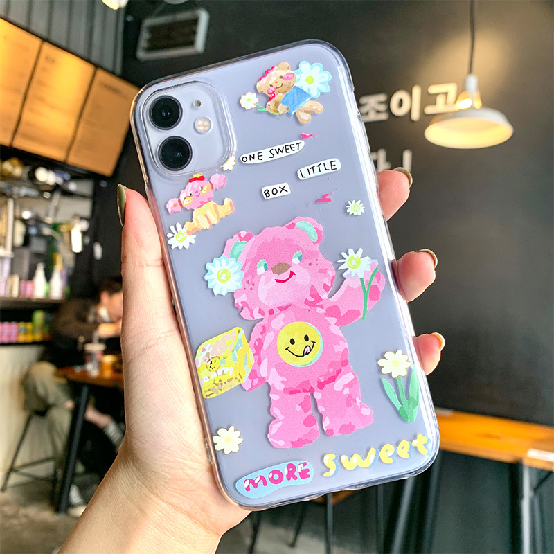 Cute oil painting flower bear Phone Case For iPhone 13 11 12 Pro Max 7 8 Plus 12 mini X XR XS Max Cartoon transparent Soft Cover iphone 13 mini flip case