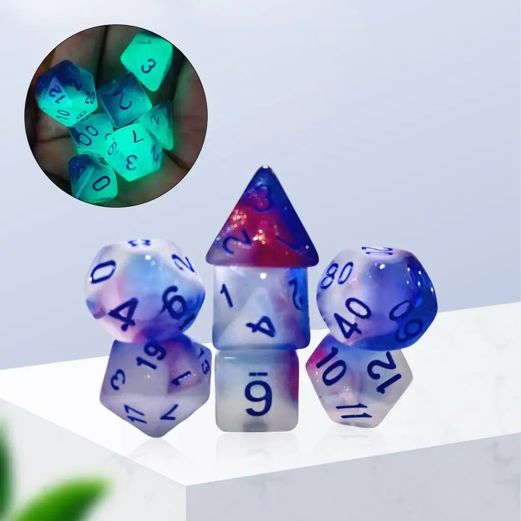 7x Polyhedron Dice Glow in Dark Glitter for Teaching Prop Roll Playing Games