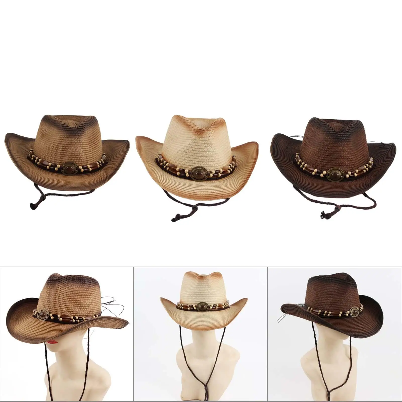 Western Cowboy Hat, Sun Hat with Windproof Rope Shapeable Beach Hat Adjustable Wide for Men`s Women`s Outdoor Leisure Summer