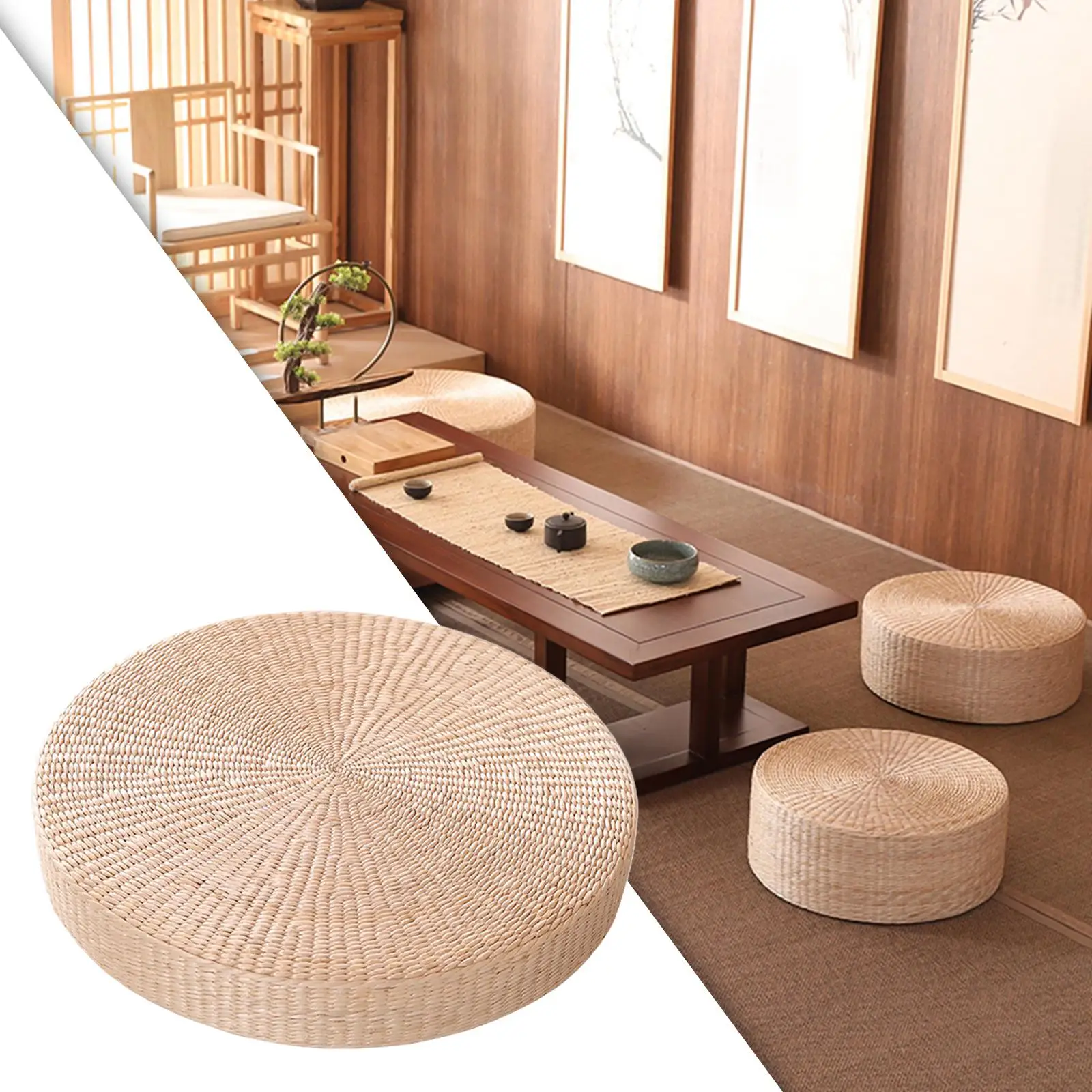 Round Shape Tatami Seat Cushion 60cm Handmade Soft Pouf Knitted Tatami Cushion Meditation Cushion Floor Cushions for Decorative