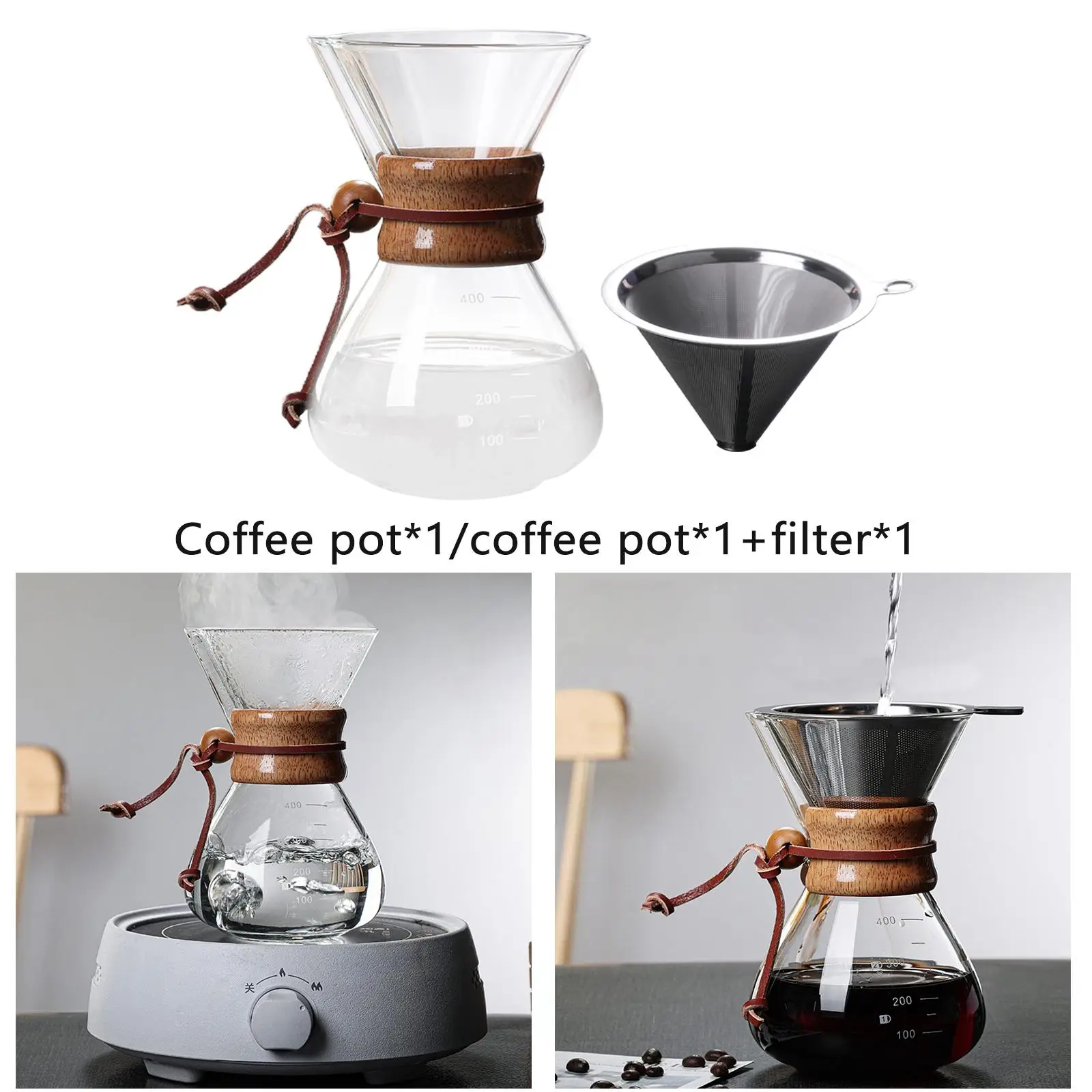 14 oz Pour Over Coffee Maker with Scale Reusable Filter Glass Carafe Glass Coffee Pot