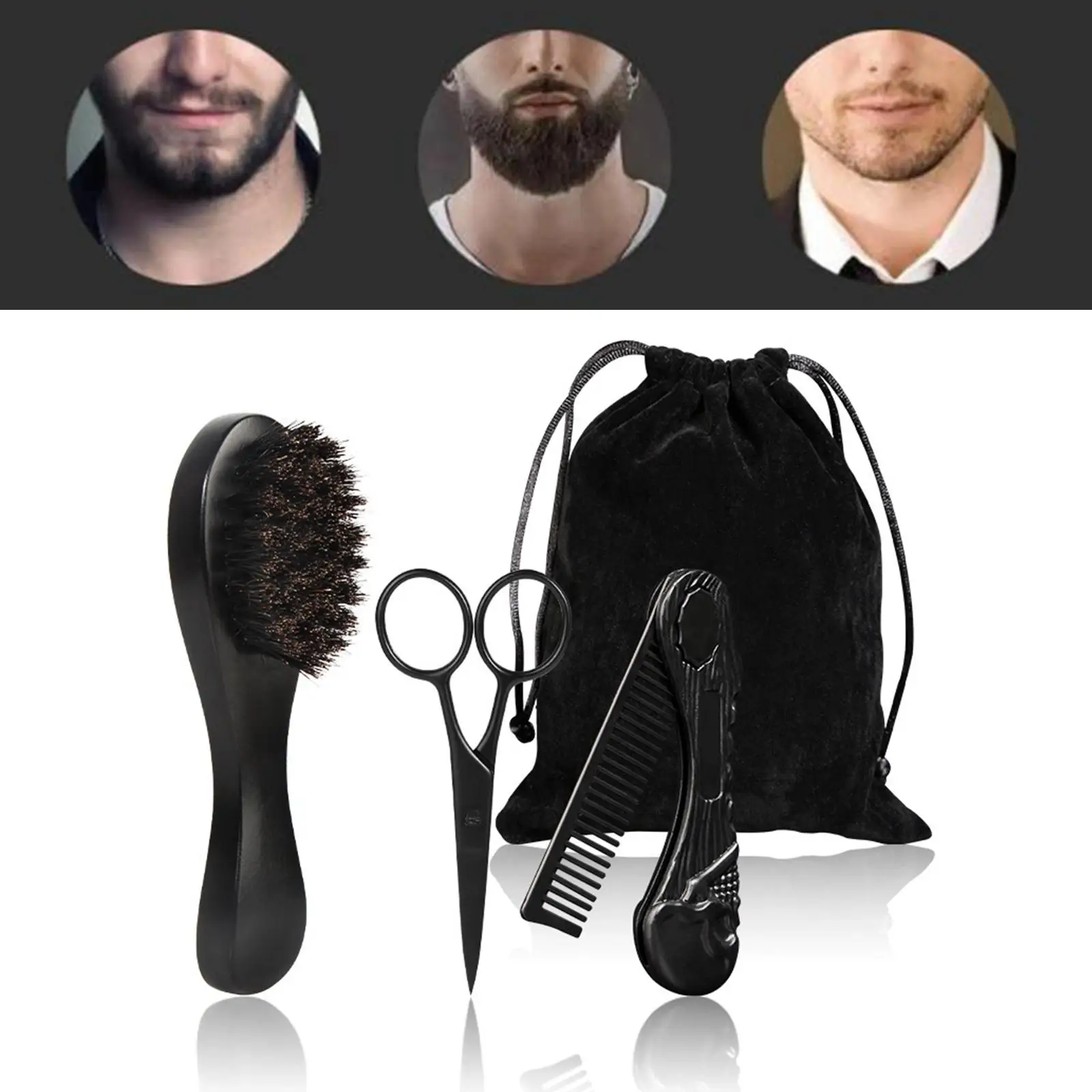 3Pcs Professional Beard Care Kit for Men Wooden Gift Pocket Comb Mustache Scissors Brush for Men`s Travel Home
