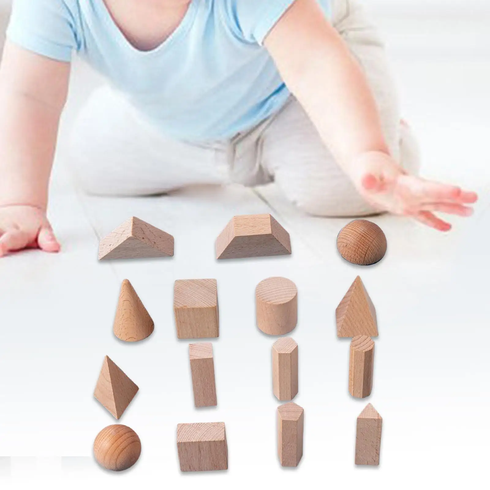 15Pcs Wooden Geometric Solid Blocks 3D Shapes Stacking Toy for Babies