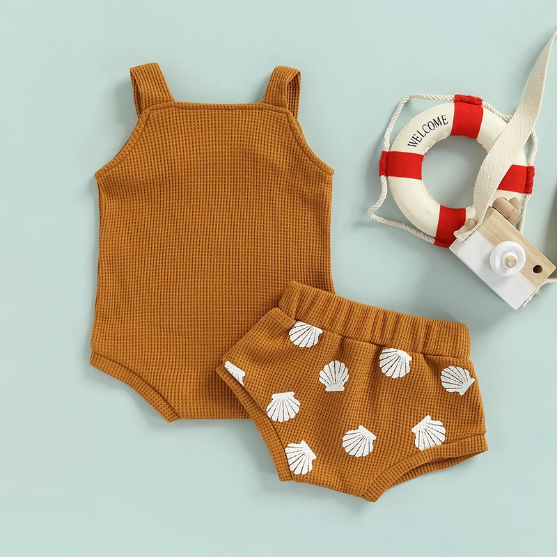 Baby Summer Clothing Sets 0-18M Toddler Infant Boys Girls Shell Print Strap Button Plaid Knitted Bodysuits+Shorts Tracksuits Baby Clothing Set expensive