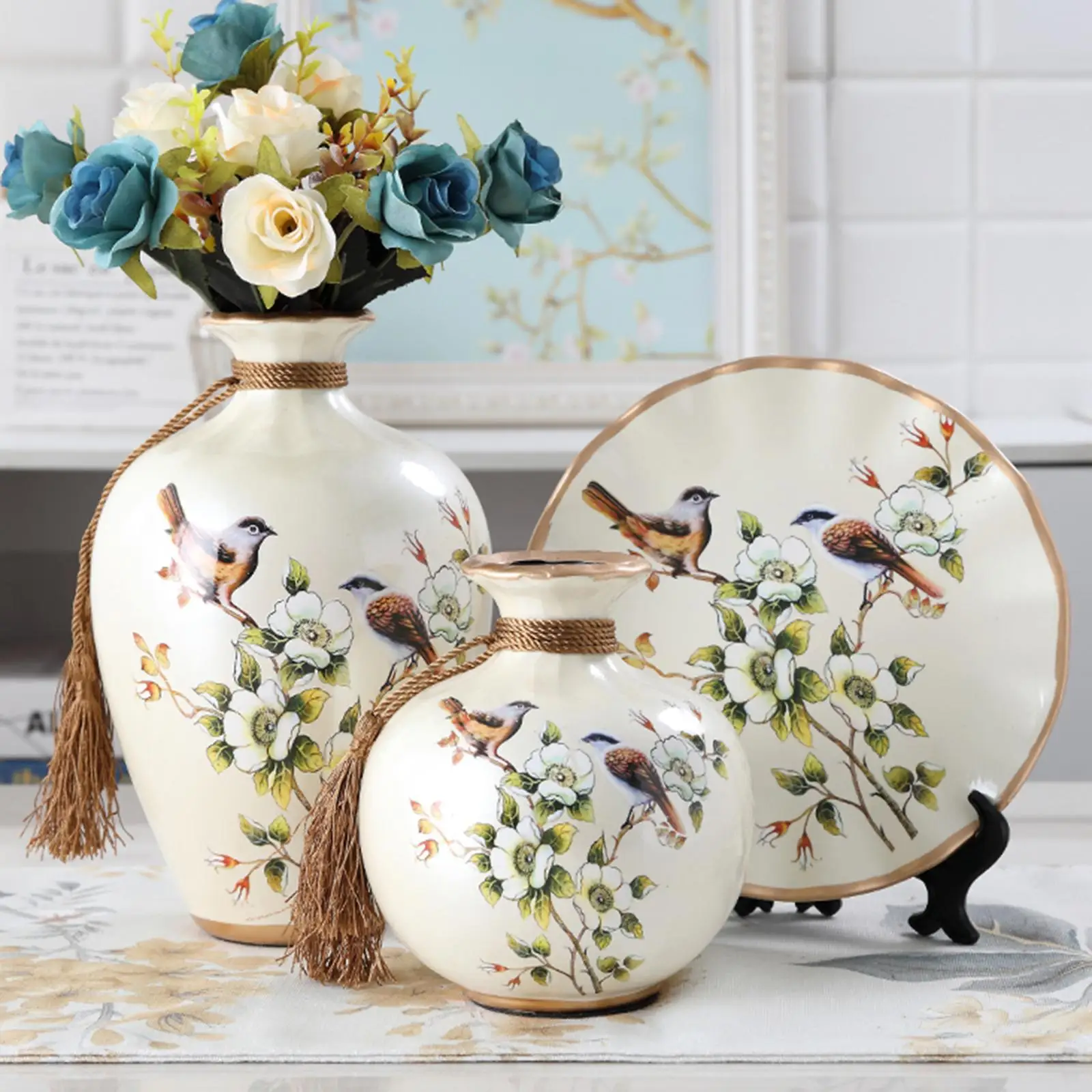 3x Chinese Style Ceramic Vases Bird Pattern Porcelain Vase for Farmhouse