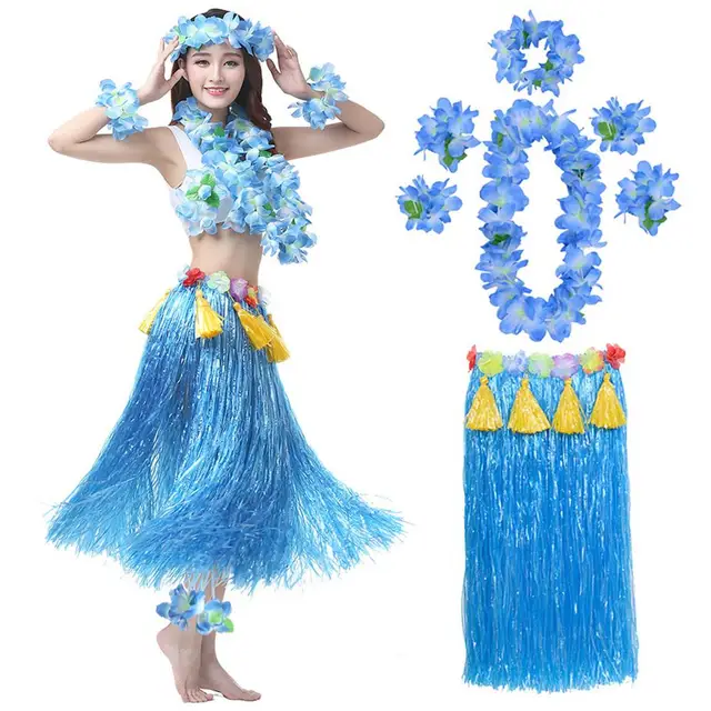 Juhai 1 Set Hula Skirt High Elastic Eye-catching Plastic Fiber Hawaiian  Hula Grass Skirt Set for Summer(Multicolor) 
