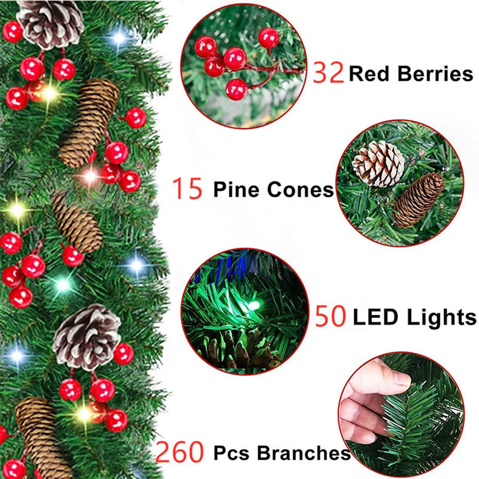 8.9ft Christmas Garland Lightweight Decorative Portable Hanging Artificial Vine for Home Decoration Festival Party Outdoor
