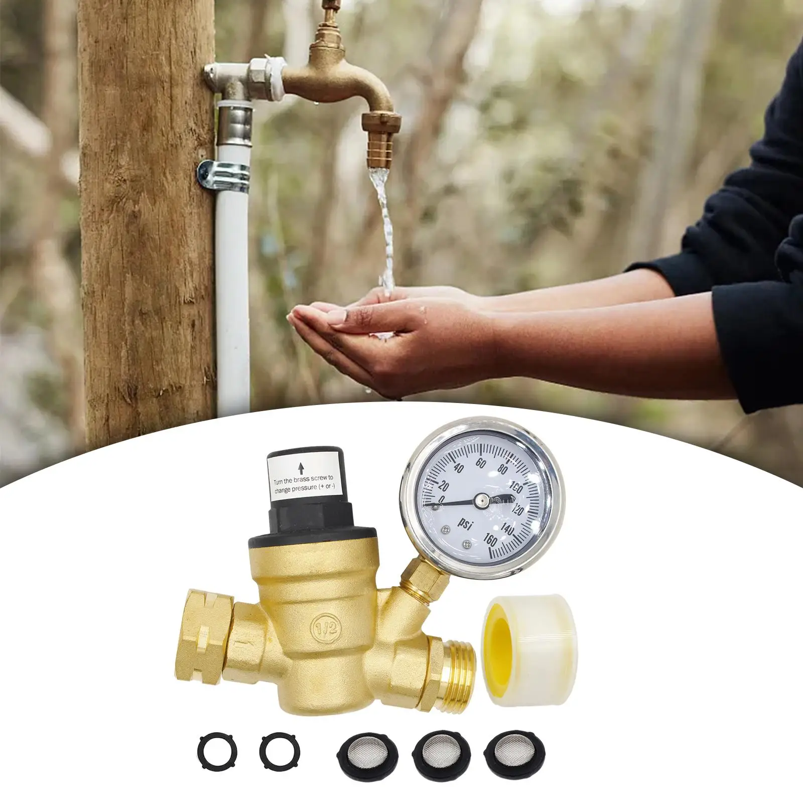 Water Pressure Valve Easy Connection to Faucet 3/4in Plumbing System RV with Gauge 160PSI Garden Water Pressure Reducing Valve