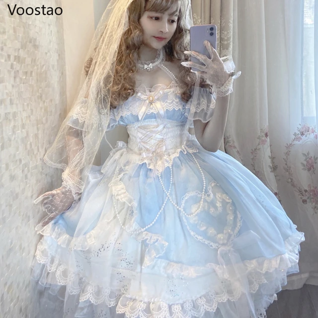 Japanese Sweet Kawaii Lolita Dress Women Victorian Vintage Princess Party  Wedding Dresses Girly Lace Bow Elegant Lolita Clothing - AliExpress