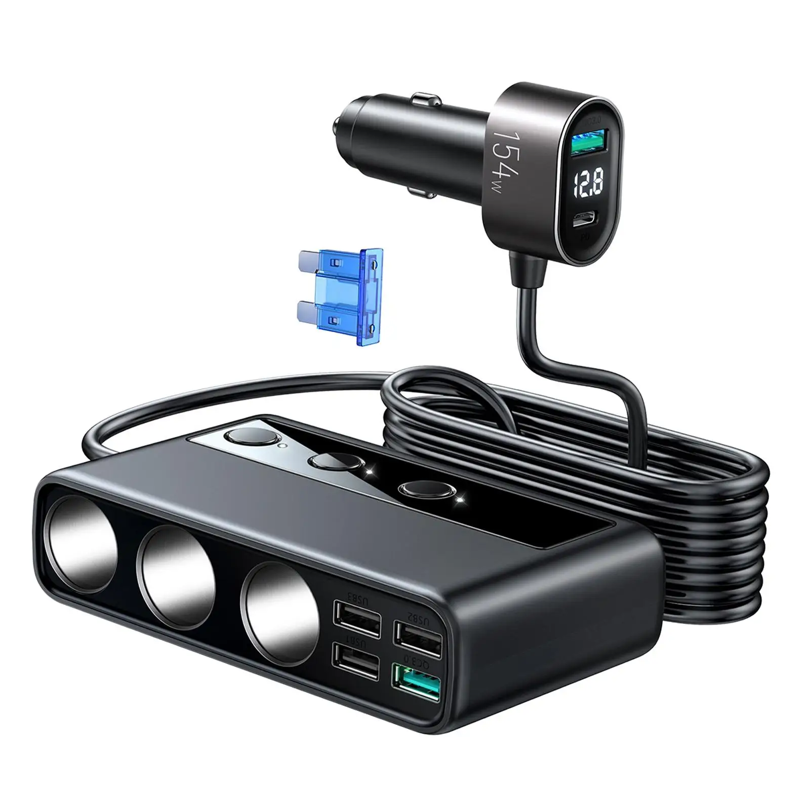 Car Charger Adapter with USB Ports 12V/24V Quick Charge Socket Splitter Universal for Phones Back Seat