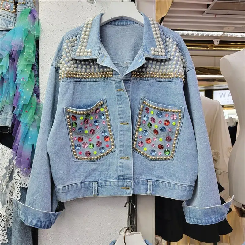 Denim Jacket Pearls Diamonds | Jeans Jacket Rhinestones Women - Long Sleeve  Denim - Aliexpress