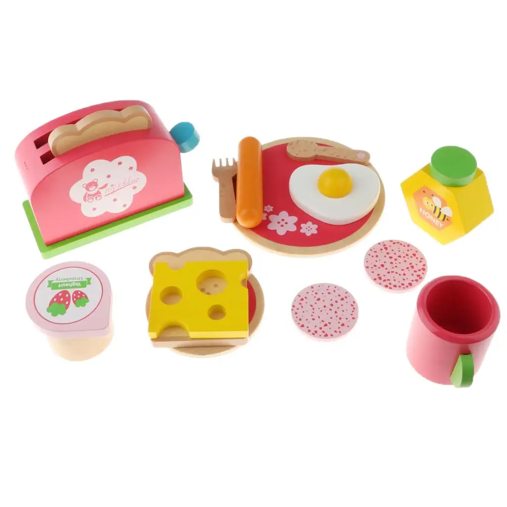 Role Play Wooden Food Toy Set Breakfast Cheese Plates Bread Yogurt Fried Egg