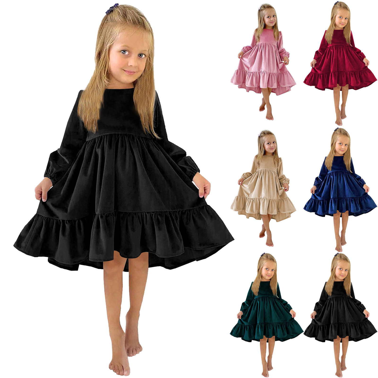 Girl Ruffle Dress Kids Little Party Vestido Autumn Winter Long Sleeve Solid Irregular Princess Ruffle Casual Party Dresses