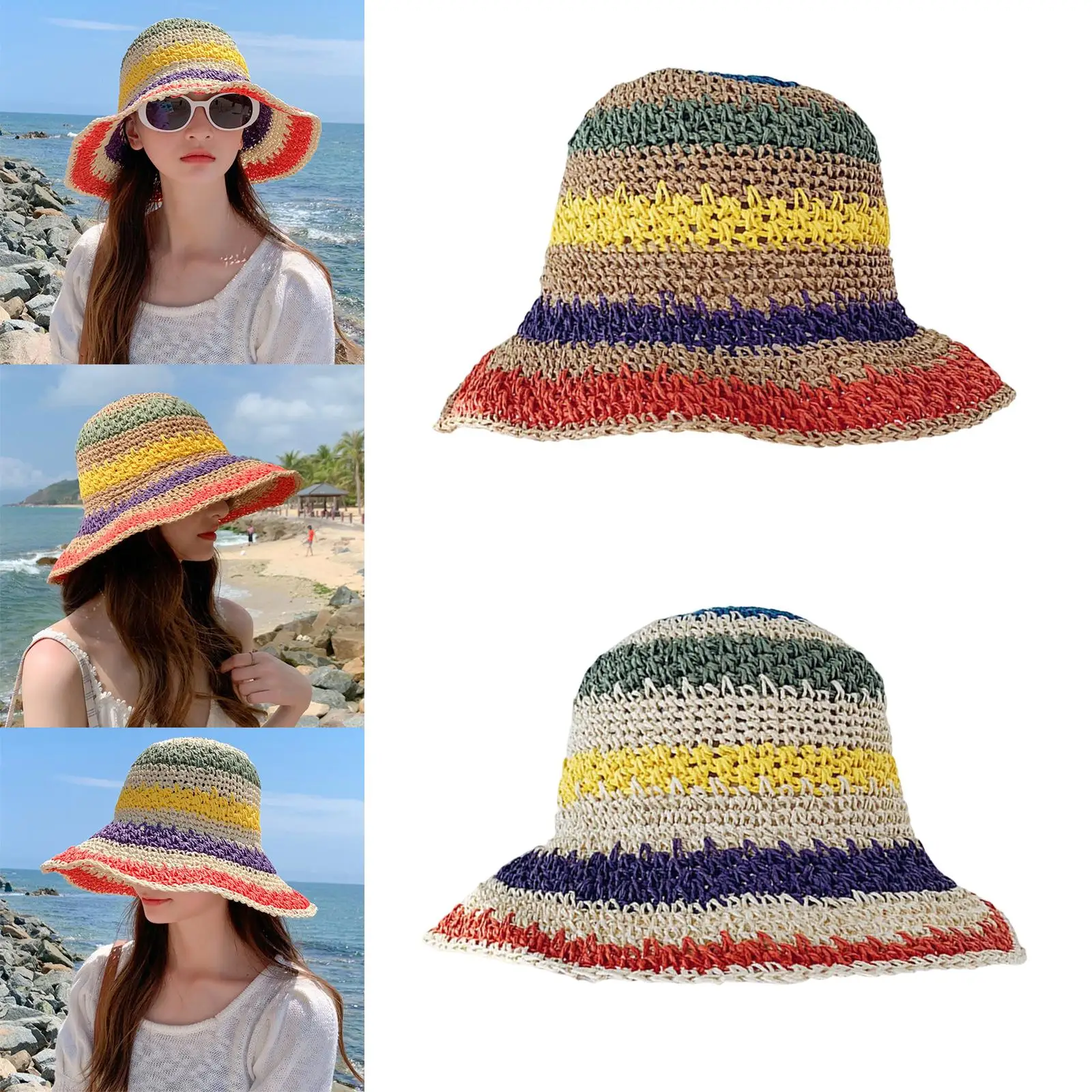 Women Straw Beach Sun Visor Hat Dome Bucket Sunhats for Summer Hiking Party