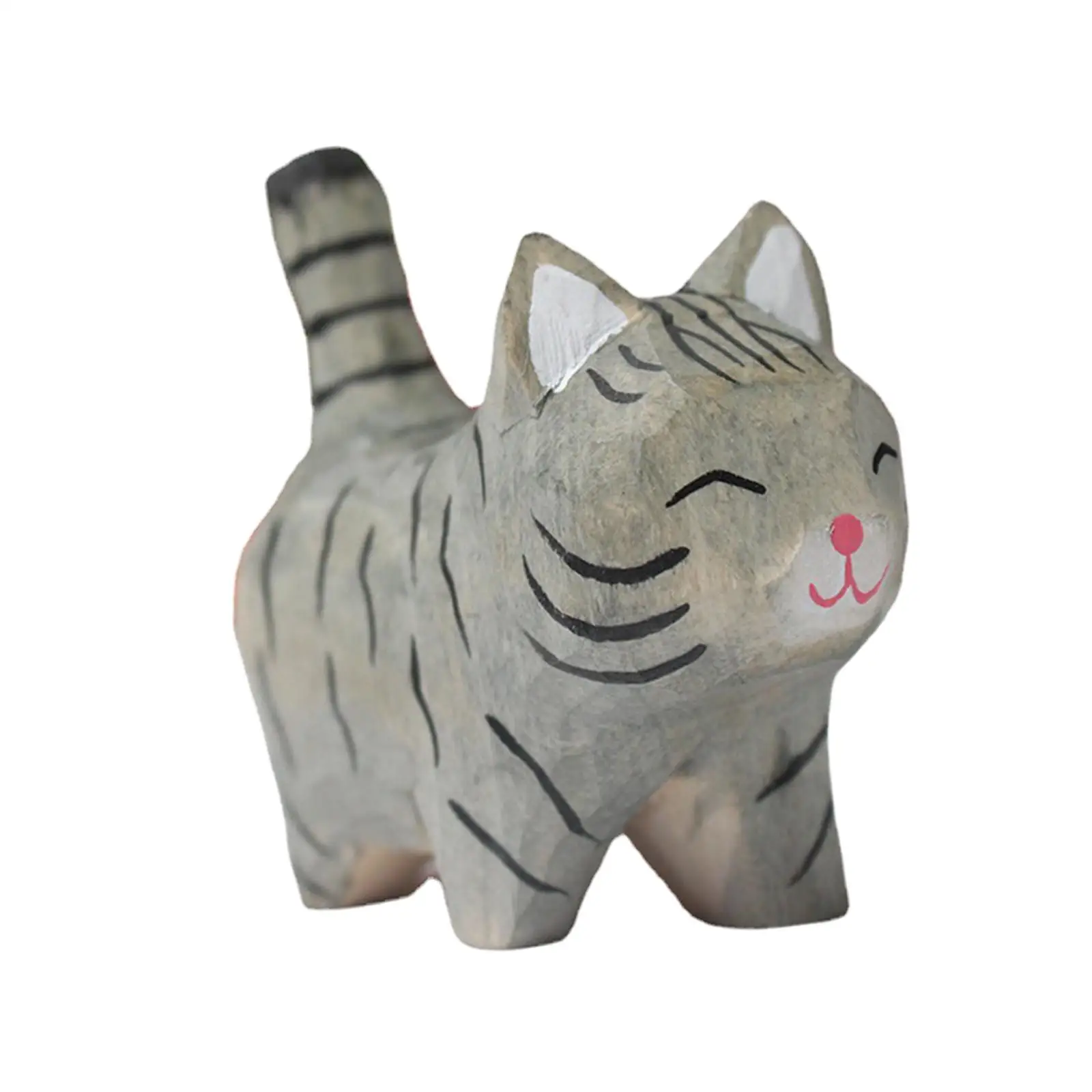 Lovely Wood Carved Cat Decor Tiny DIY Gift Handmade Figurine Animals Model Cute