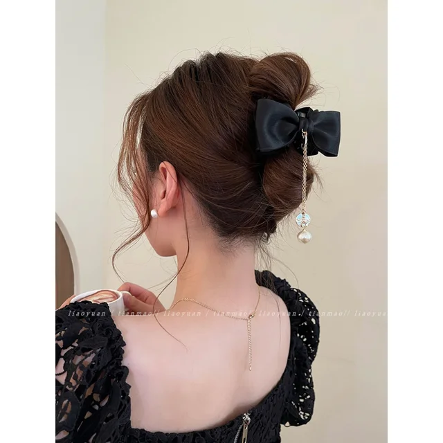 Lystrfac Korean Fashion Hair Bow For Women Black Ribbon Bow tie Hairpin  Elegant Ladies Hairgrips Headwear Hair Accessories