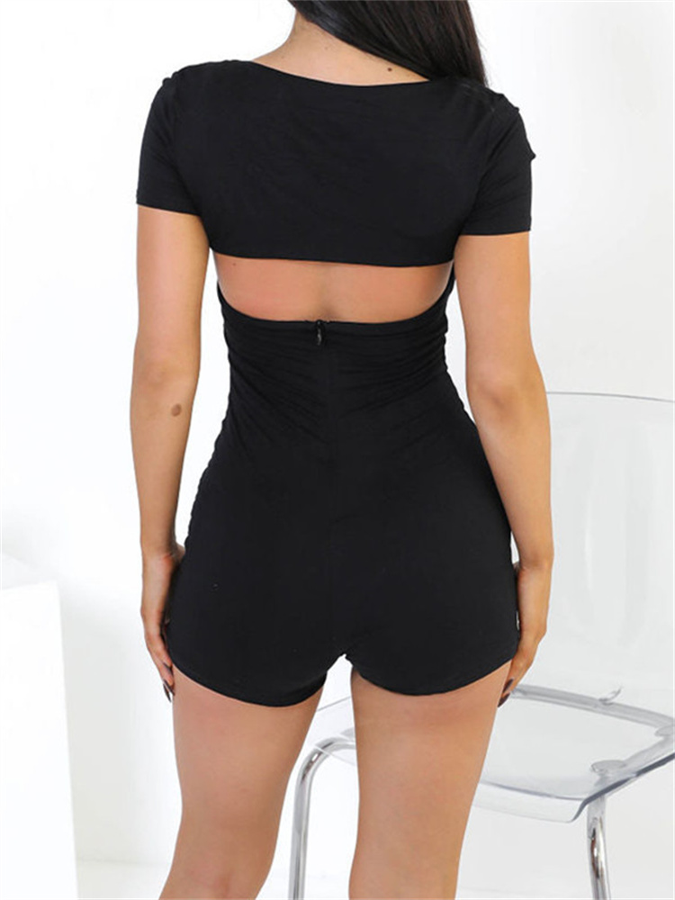 magro playsuit sólido mangas curtas pescoço quadrado