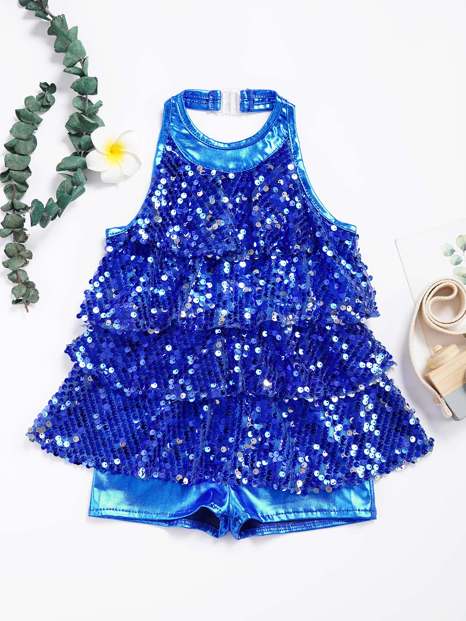 Kinder Mädchen Neckholder Glänzende Pailletten Moderne Jazz Latin Ballett Tanz Kostüm Shorty Ganzanzug Kleid Bühne Leistung Dancewear – Detail 21