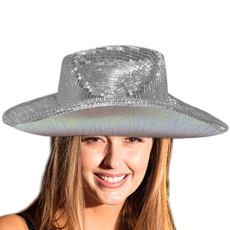 Reflektierender Cowboyhut mit verspiegelter Glitzer-Disco-Kugel, glänzend für Junggesellenabschied – Detail 7