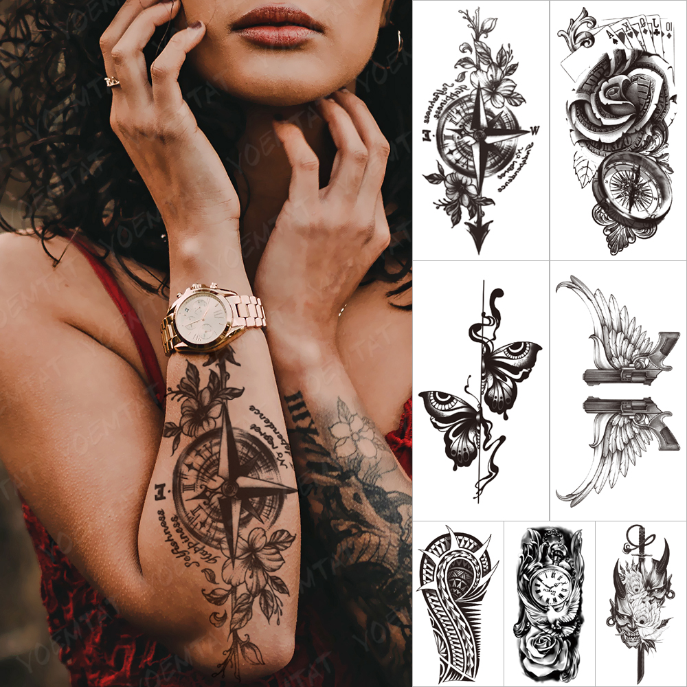 Best of Waterproof Temporary Tattoo Stickers Compass Flowers Trees Poker Rose Clock Tatto Women Men Arm Body Art Fake Sleeve Tattoos Reviews & Tips