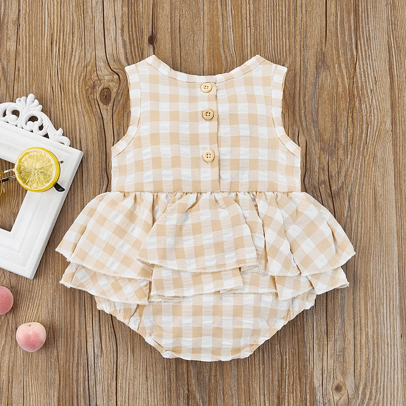 Lovely Newborn Baby Girls Summer Rompers Plaid Print Sleeveless Layered Rompers Jumpsuits Tutu Skirts Toddler Casual Clothes coloured baby bodysuits