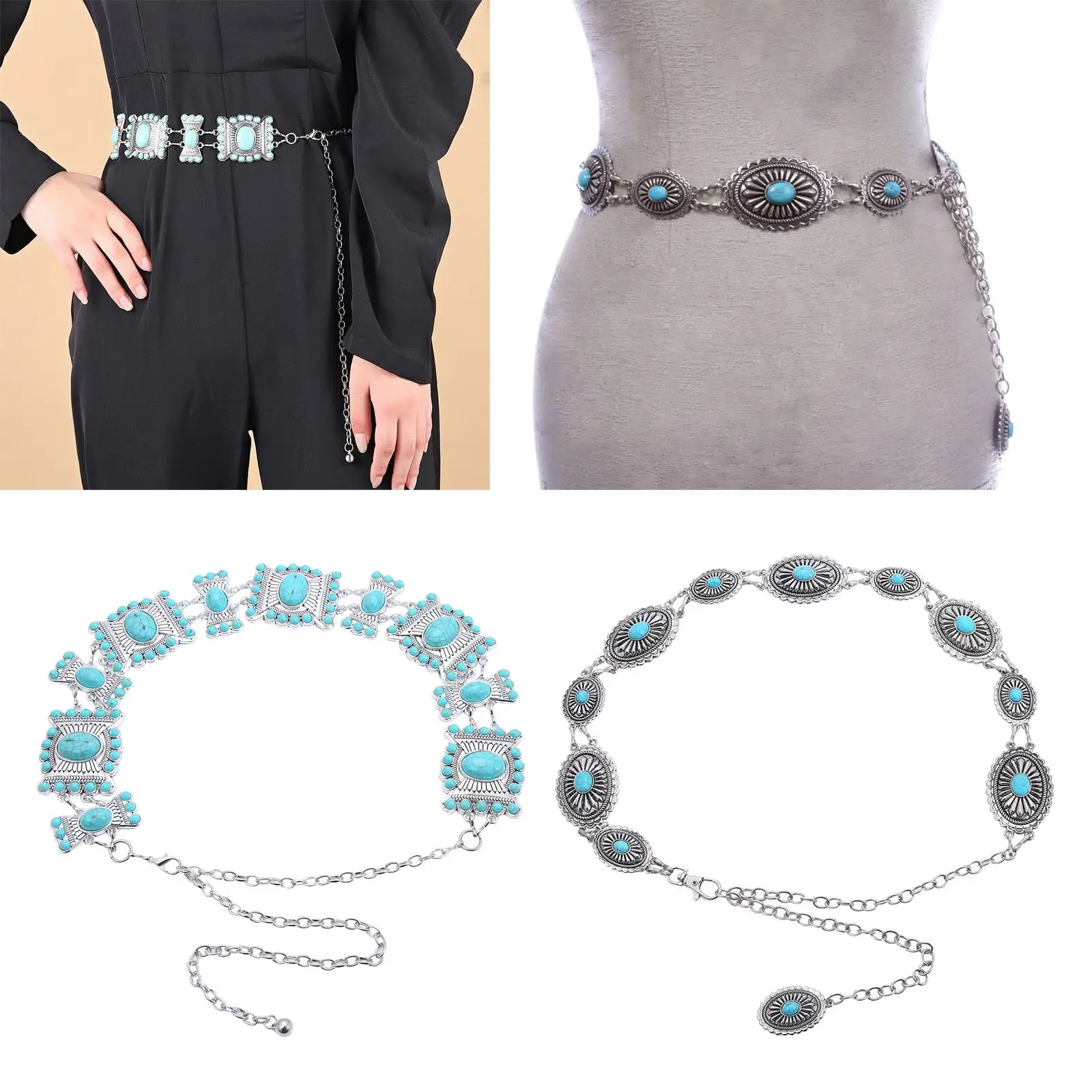 Western Turquoise Stone Chain Belt for Women Boho Tassel Belly Body Chain
