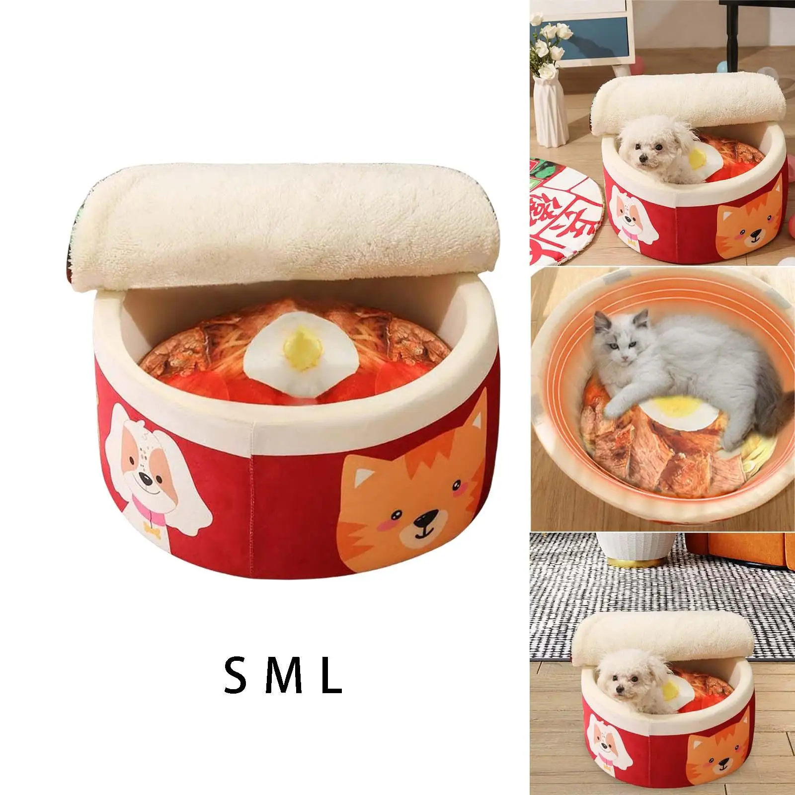 Large Noodle Bowl Pet Bed Warm Nest Soft House Plush Cushion Ramen Bowl Basket for Rabbits Small Medium Dog Puppy Pet Kitten