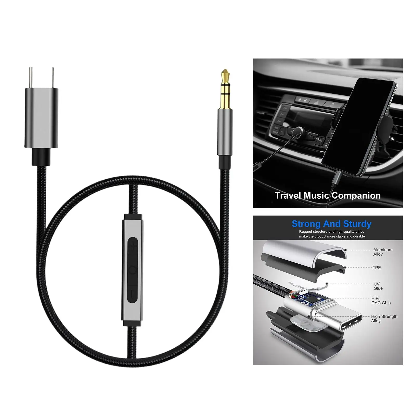 USB C to 3.5mm Audio AUX Cable Dongle Cable Cord Extension Stereo DAC Chip Type C Adapter to 3.5mm Headphone Cable for PC Laptop